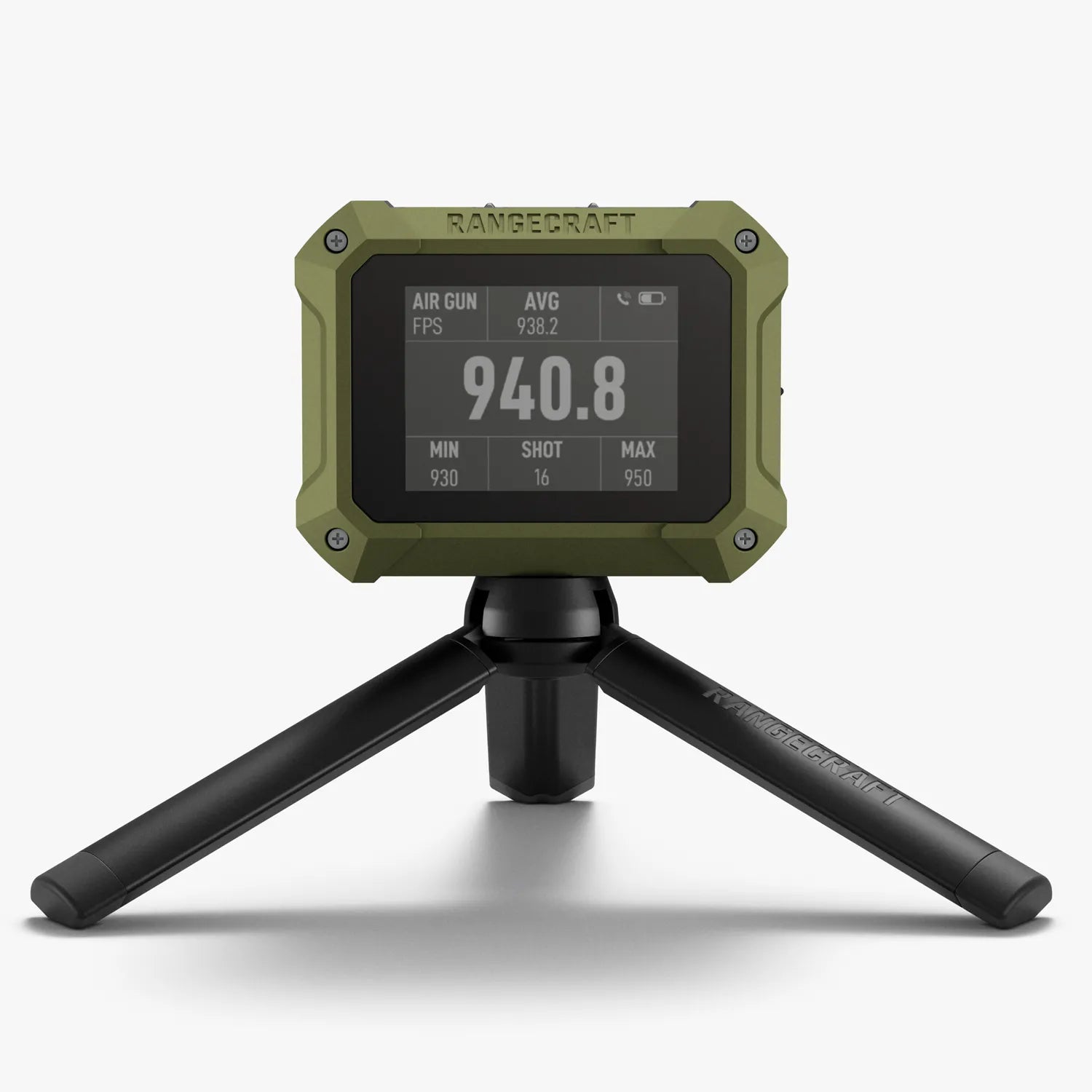 Green digital device on a black tripod with 'RangeCraft' branding on a white background
