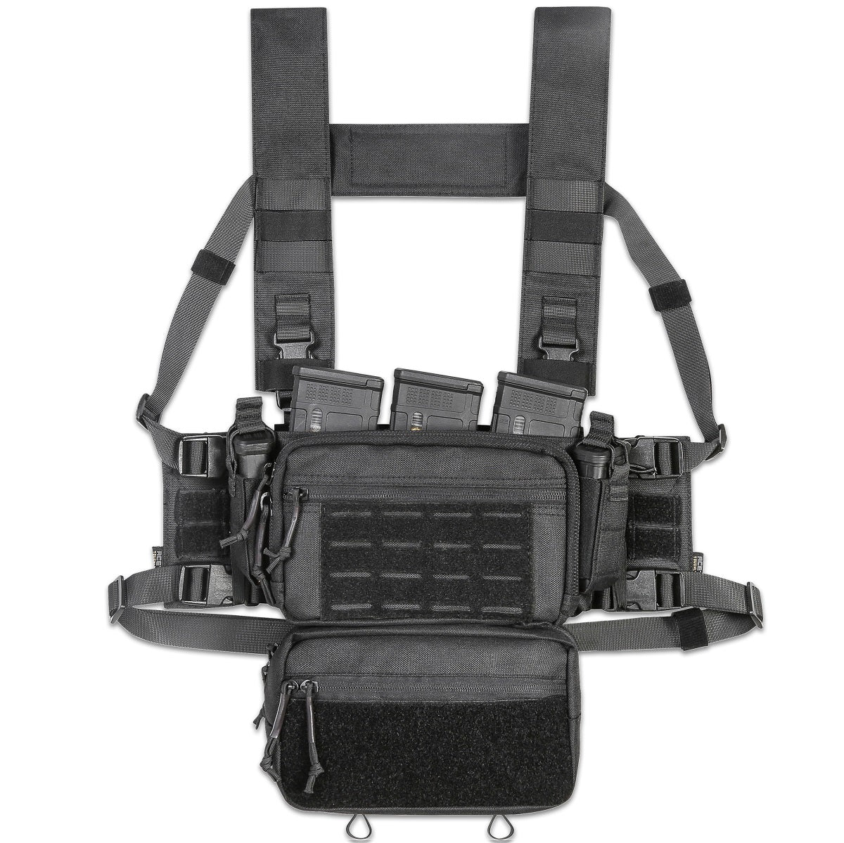 A top-down view of the SOP Micro Chest Rig in a rugged, tactical setup. The compact, lightweight chest rig features adjustable straps, MOLLE webbing, and multiple pouches designed for quick access to magazines and essential gear. Built for military, law enforcement, and prepared civilians, this chest rig ensures maximum mobility and efficiency in the field.