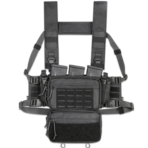 A top-down view of the SOP Micro Chest Rig in a rugged, tactical setup. The compact, lightweight chest rig features adjustable straps, MOLLE webbing, and multiple pouches designed for quick access to magazines and essential gear. Built for military, law enforcement, and prepared civilians, this chest rig ensures maximum mobility and efficiency in the field.