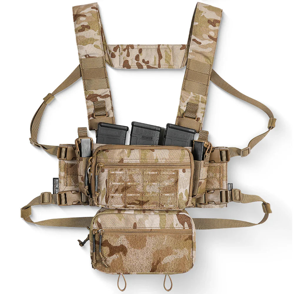 A top-down view of the SOP Micro Chest Rig in a rugged, tactical setup. The compact, lightweight chest rig features adjustable straps, MOLLE webbing, and multiple pouches designed for quick access to magazines and essential gear. Built for military, law enforcement, and prepared civilians, this chest rig ensures maximum mobility and efficiency in the field.
