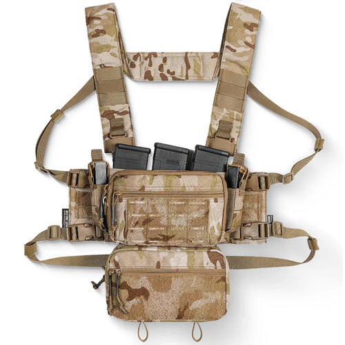 A top-down view of the SOP Micro Chest Rig in a rugged, tactical setup. The compact, lightweight chest rig features adjustable straps, MOLLE webbing, and multiple pouches designed for quick access to magazines and essential gear. Built for military, law enforcement, and prepared civilians, this chest rig ensures maximum mobility and efficiency in the field.