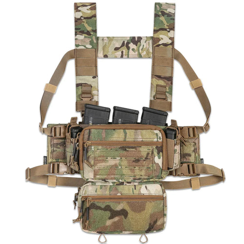 A top-down view of the SOP Micro Chest Rig in a rugged, tactical setup. The compact, lightweight chest rig features adjustable straps, MOLLE webbing, and multiple pouches designed for quick access to magazines and essential gear. Built for military, law enforcement, and prepared civilians, this chest rig ensures maximum mobility and efficiency in the field.
