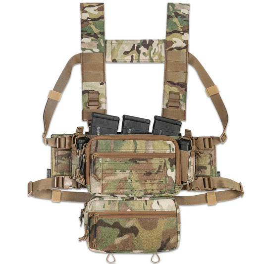 A top-down view of the SOP Micro Chest Rig in a rugged, tactical setup. The compact, lightweight chest rig features adjustable straps, MOLLE webbing, and multiple pouches designed for quick access to magazines and essential gear. Built for military, law enforcement, and prepared civilians, this chest rig ensures maximum mobility and efficiency in the field.