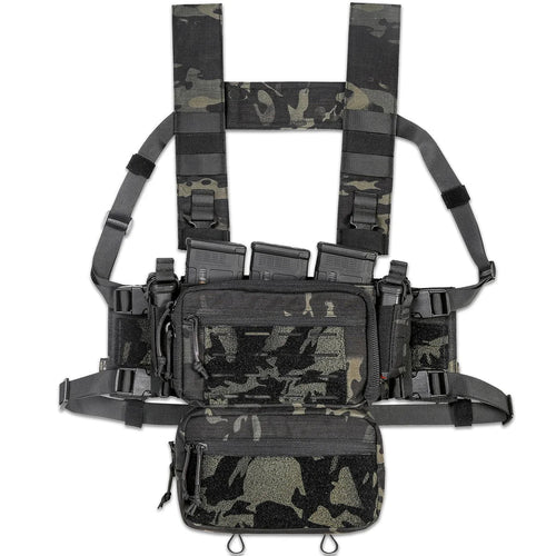 A top-down view of the SOP Micro Chest Rig in a rugged, tactical setup. The compact, lightweight chest rig features adjustable straps, MOLLE webbing, and multiple pouches designed for quick access to magazines and essential gear. Built for military, law enforcement, and prepared civilians, this chest rig ensures maximum mobility and efficiency in the field.