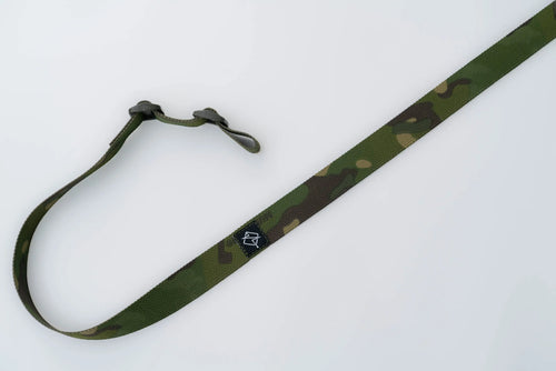 Flatline Standard Rifle Sling shown in multicam tropic nylon webbing