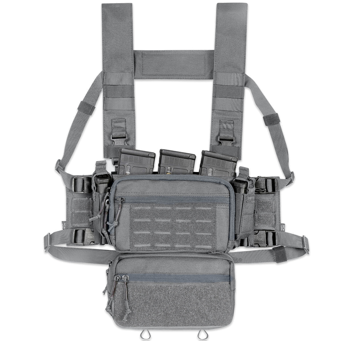 A top-down view of the SOP Micro Chest Rig in a rugged, tactical setup. The compact, lightweight chest rig features adjustable straps, MOLLE webbing, and multiple pouches designed for quick access to magazines and essential gear. Built for military, law enforcement, and prepared civilians, this chest rig ensures maximum mobility and efficiency in the field.