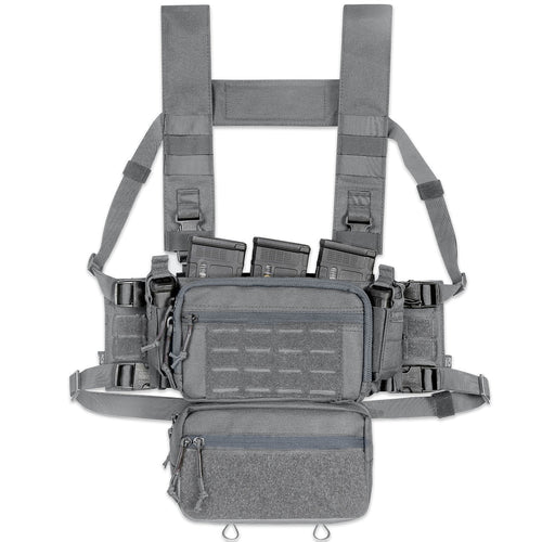 A top-down view of the SOP Micro Chest Rig in a rugged, tactical setup. The compact, lightweight chest rig features adjustable straps, MOLLE webbing, and multiple pouches designed for quick access to magazines and essential gear. Built for military, law enforcement, and prepared civilians, this chest rig ensures maximum mobility and efficiency in the field.