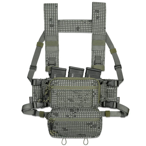 A top-down view of the SOP Micro Chest Rig in a rugged, tactical setup. The compact, lightweight chest rig features adjustable straps, MOLLE webbing, and multiple pouches designed for quick access to magazines and essential gear. Built for military, law enforcement, and prepared civilians, this chest rig ensures maximum mobility and efficiency in the field.