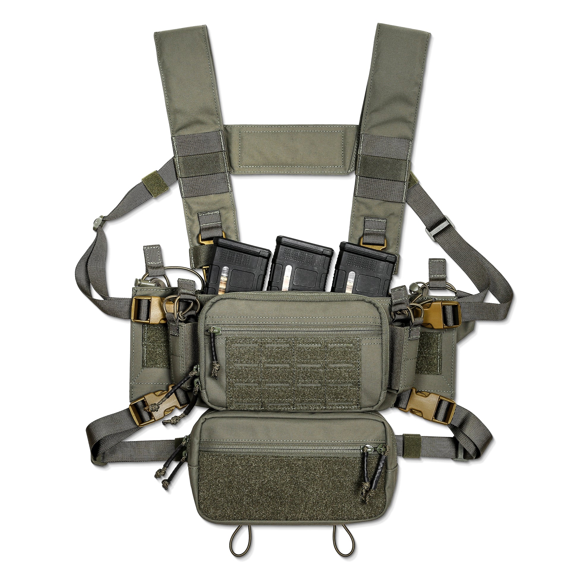 A top-down view of the SOP Micro Chest Rig in a rugged, tactical setup. The compact, lightweight chest rig features adjustable straps, MOLLE webbing, and multiple pouches designed for quick access to magazines and essential gear. Built for military, law enforcement, and prepared civilians, this chest rig ensures maximum mobility and efficiency in the field.