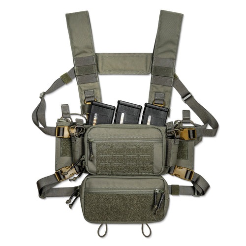 A top-down view of the SOP Micro Chest Rig in a rugged, tactical setup. The compact, lightweight chest rig features adjustable straps, MOLLE webbing, and multiple pouches designed for quick access to magazines and essential gear. Built for military, law enforcement, and prepared civilians, this chest rig ensures maximum mobility and efficiency in the field.