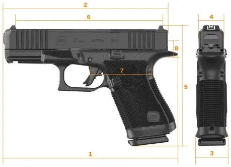 Black handgun with measurements on a white background