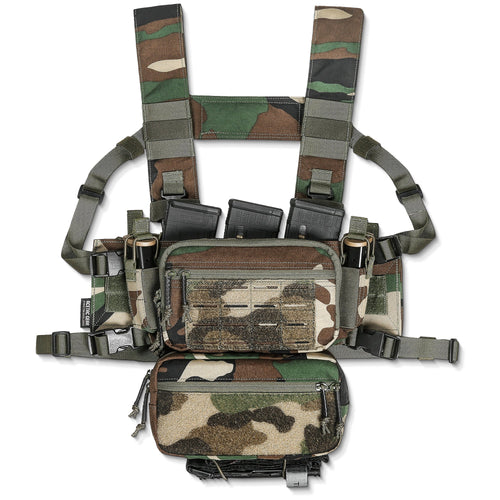 A top-down view of the SOP Micro Chest Rig in a rugged, tactical setup. The compact, lightweight chest rig features adjustable straps, MOLLE webbing, and multiple pouches designed for quick access to magazines and essential gear. Built for military, law enforcement, and prepared civilians, this chest rig ensures maximum mobility and efficiency in the field.